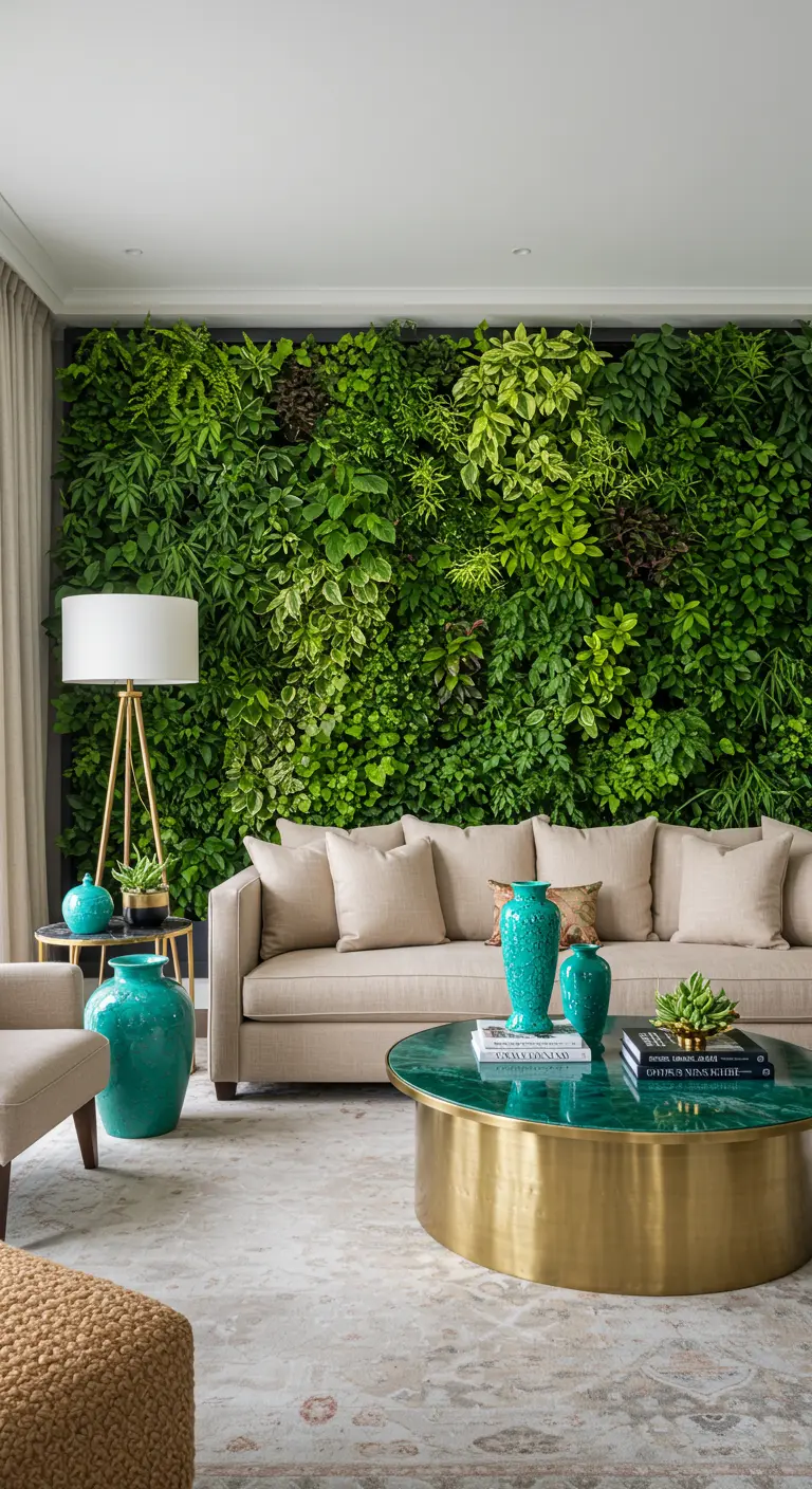 Woonkamer met een volledige groene plantenmuur, beige bank en een ronde gouden salontafel.
