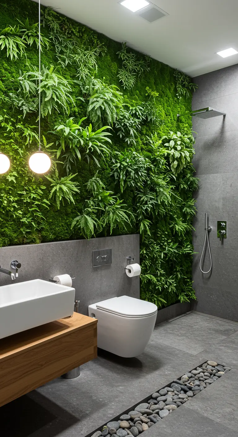 Moderne badkamer met een volledige groene plantenwand, betonnen vloer en kiezelstenen.