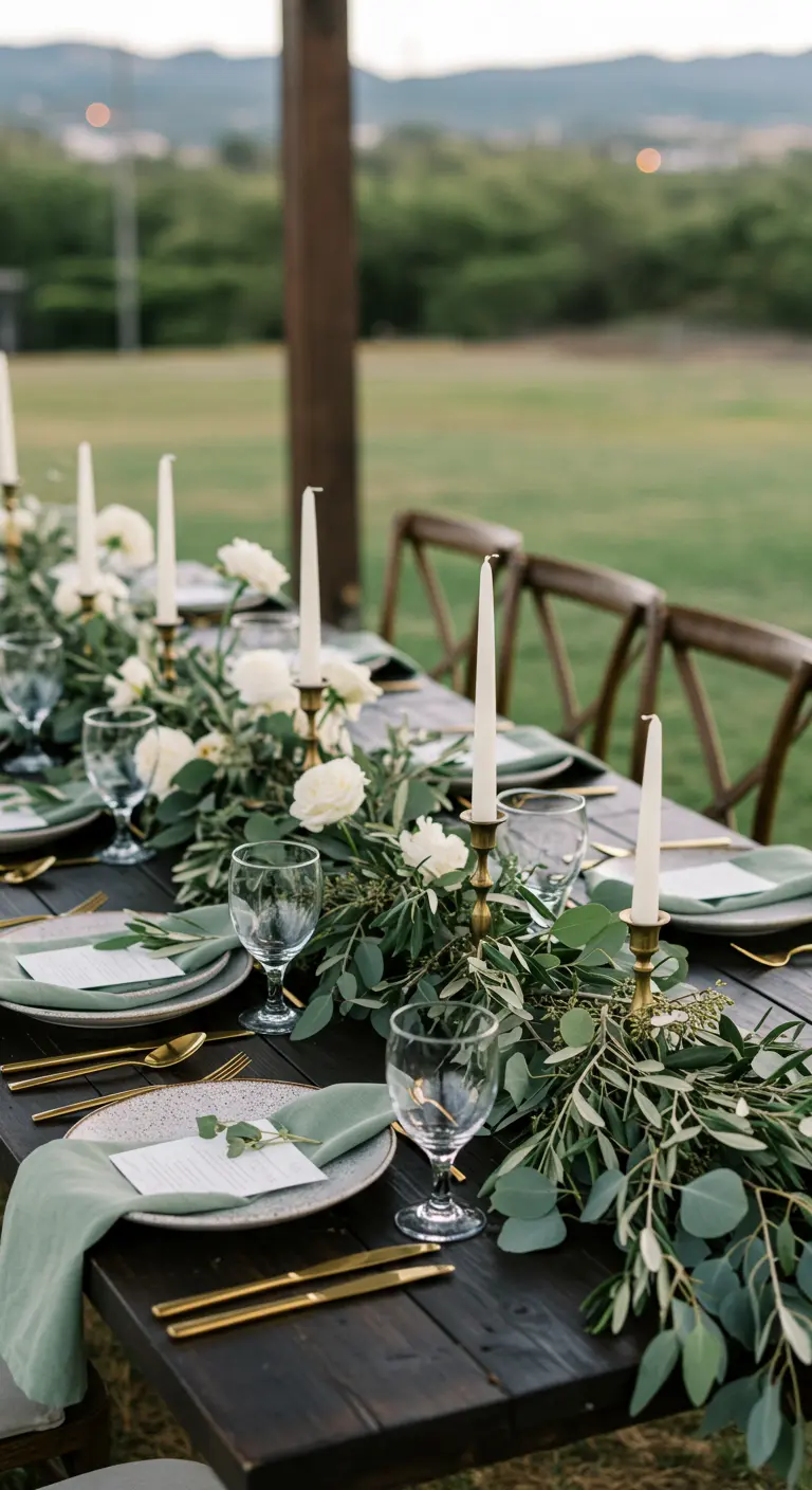 Lange eettafel gedekt met een loper van eucalyptus, witte rozen en hoge kaarsen.