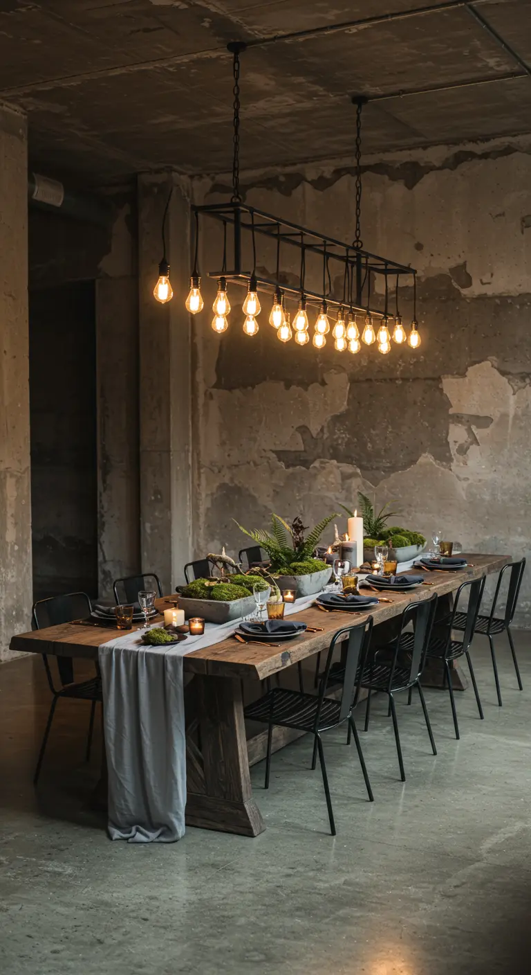 Lange houten eettafel in een industriële ruimte met betonnen muren en een grote hanglamp.