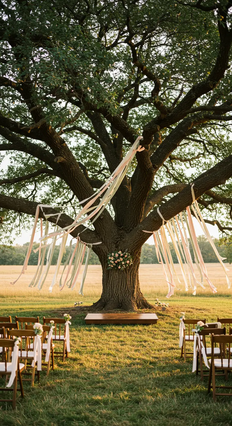 Grote eikenboom versierd met lange, wapperende linten als achtergrond voor een buitenceremonie.