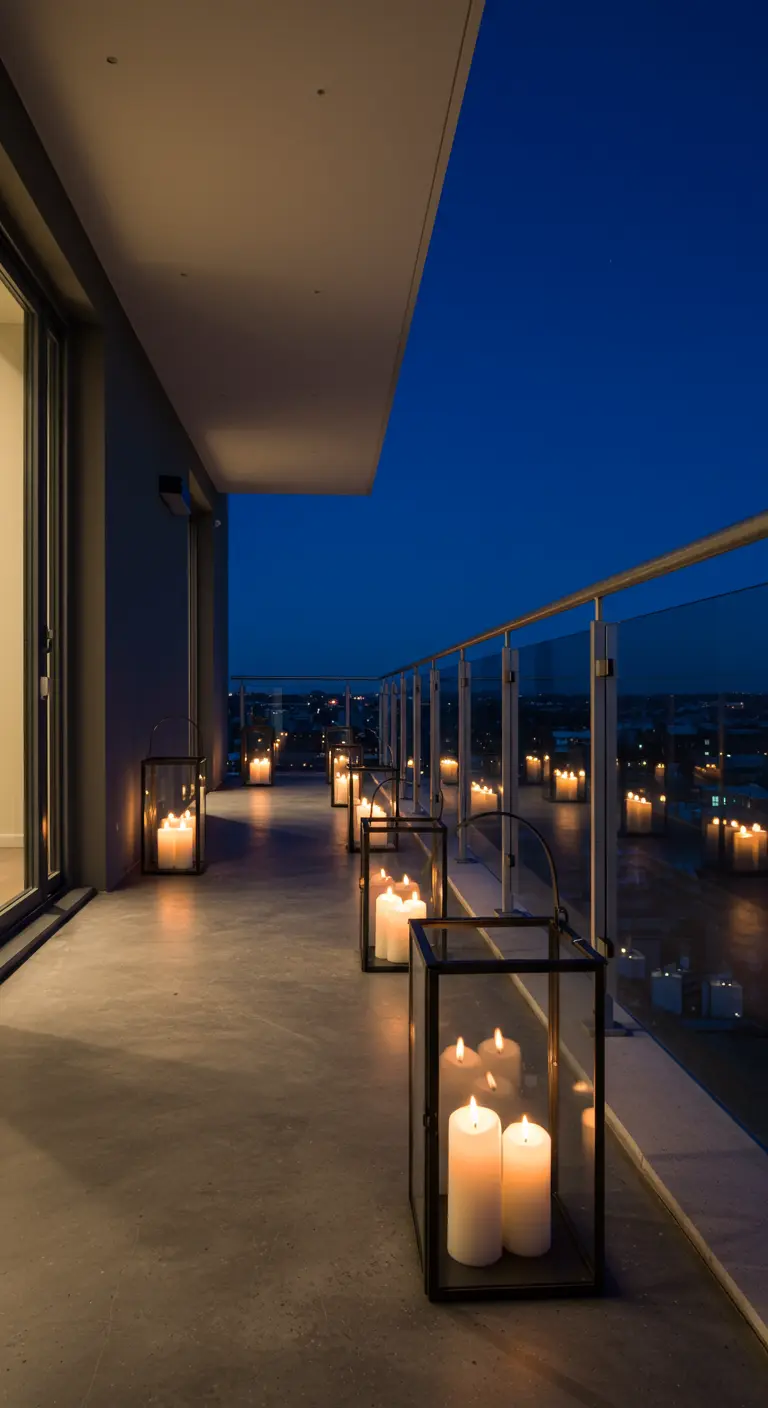 Een lang, smal balkon 's nachts verlicht door een rij identieke, moderne lantaarns op de vloer.