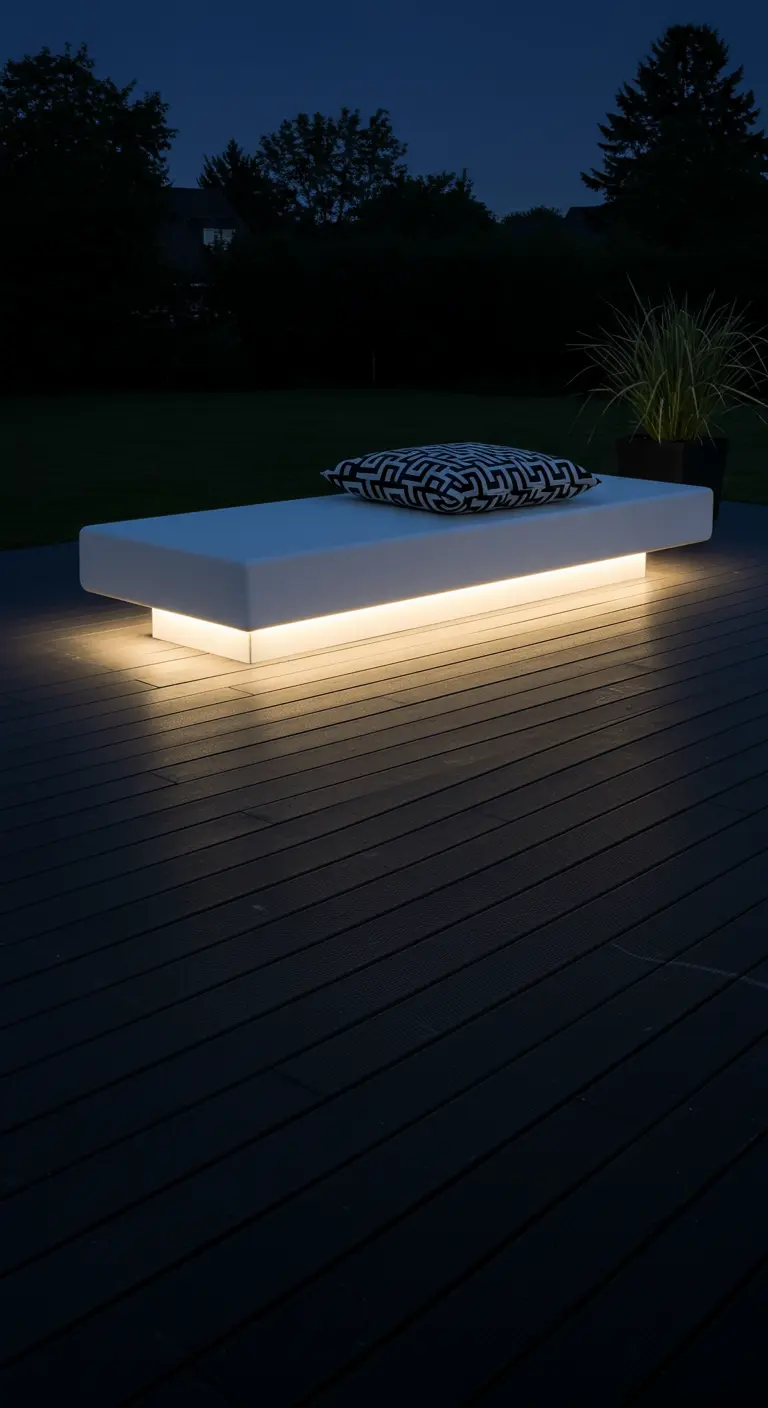 Witte, moderne loungebank die van binnenuit verlicht is op een donker terras.