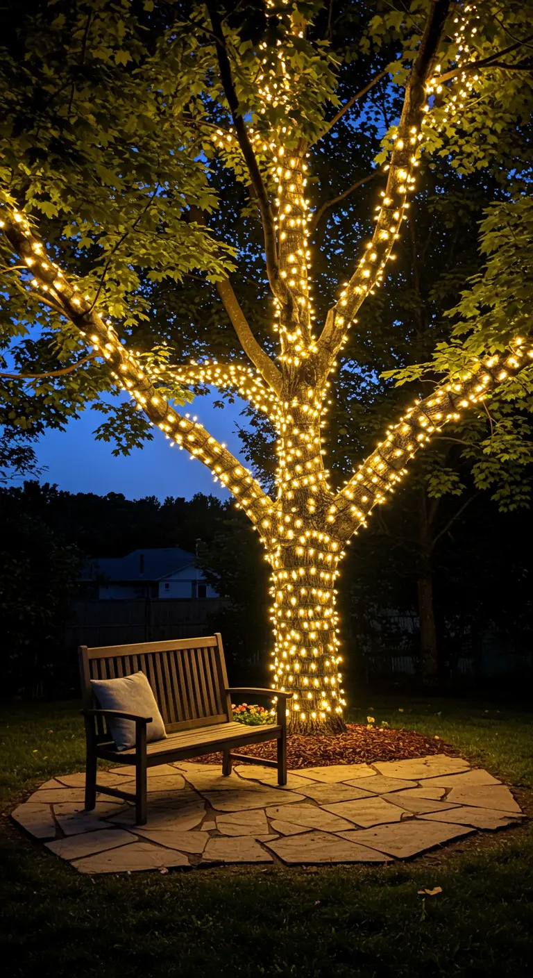 Een grote boom 's avonds, waarvan de stam en takken volledig zijn omwikkeld met warmwitte lichtjes.