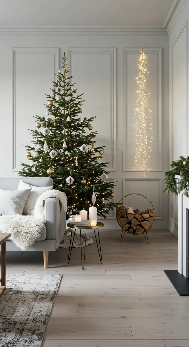 Scandinavische woonkamer met grijze bank en een waterval van lichtjes tegen de muur.