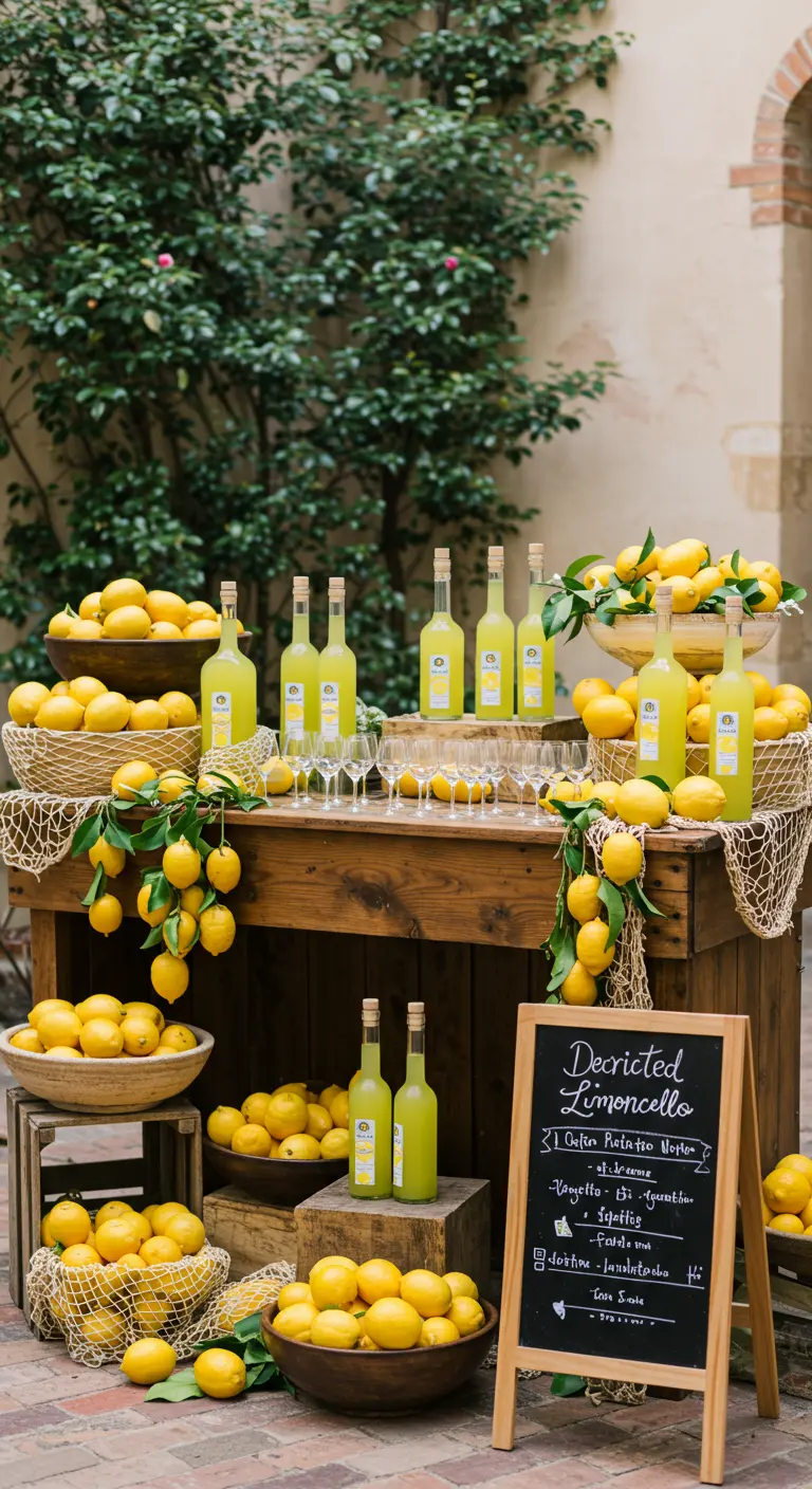 Rustieke houten bar met flessen limoncello, verse citroenen en een krijtbordmenu.