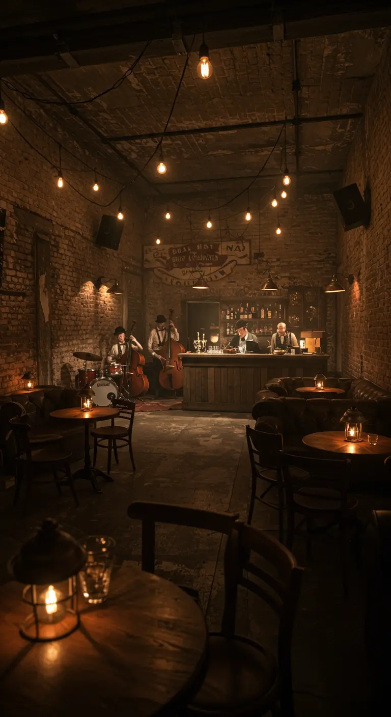Donkere, sfeervolle bar met een live jazzband en intieme zitjes.