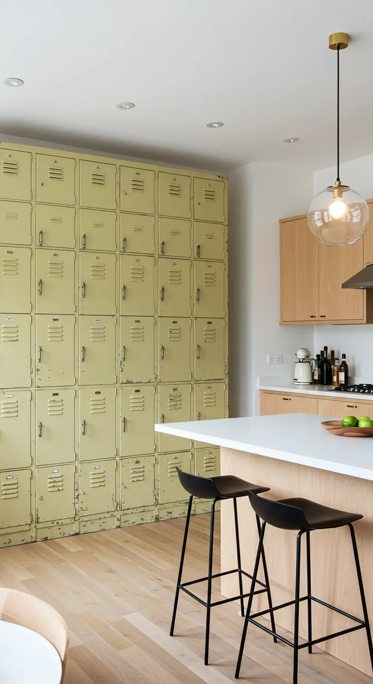 Keukenwand volledig bedekt met vintage groene metalen lockers, met een houten kookeiland ervoor.
