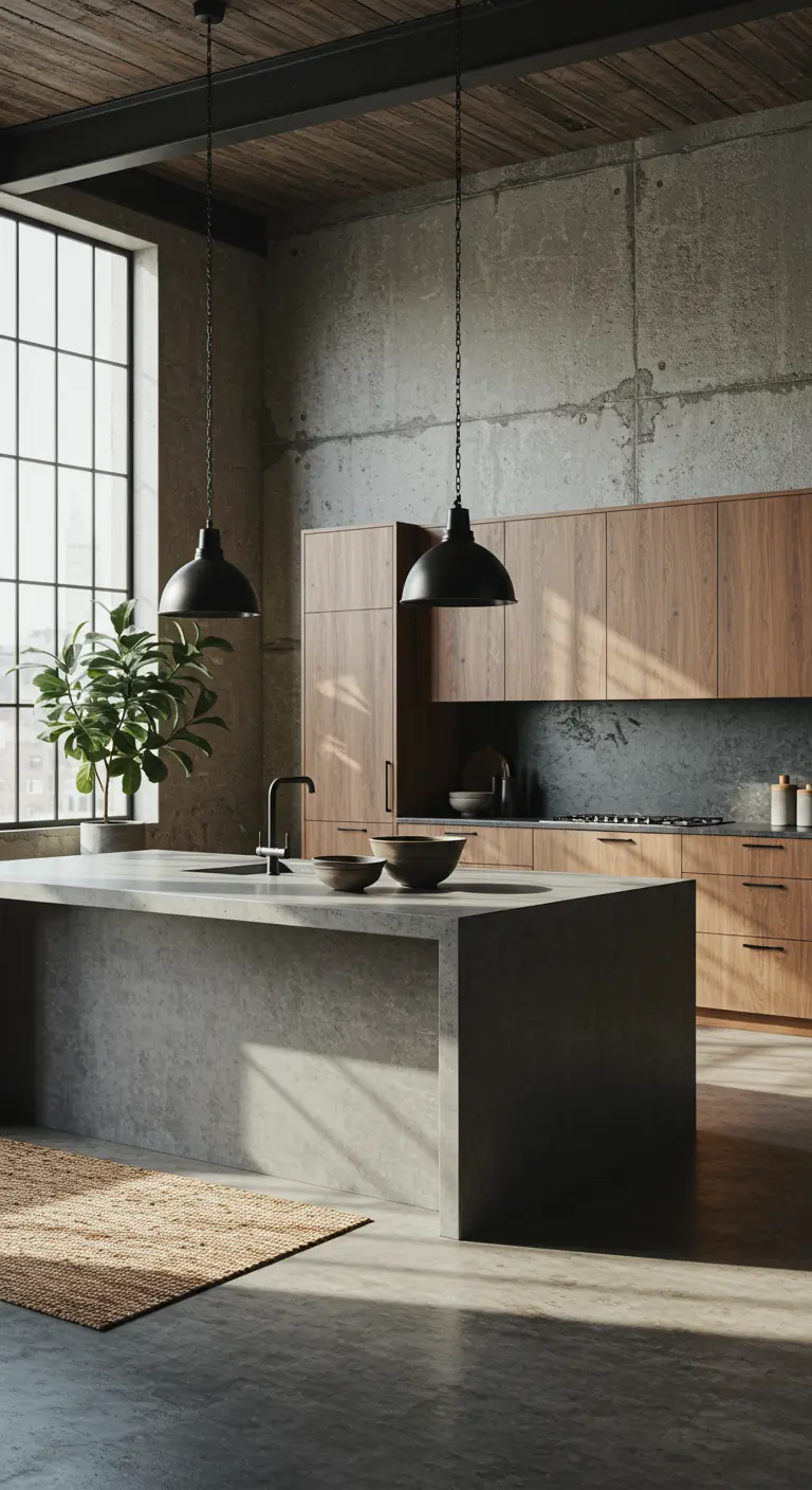 Industriële keuken met betonnen eiland en muren, houten kasten en grote zwarte hanglampen.