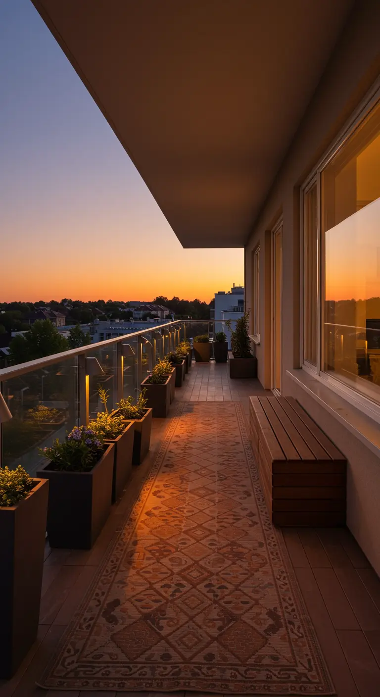 Lang, smal balkon met een Perzische loper, strakke plantenbakken en sfeervolle verlichting.