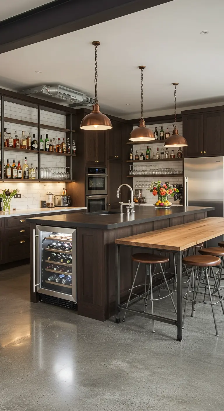Keuken met donkerbruine kasten, groot kookeiland met wijnkoeler en houten bartafel.