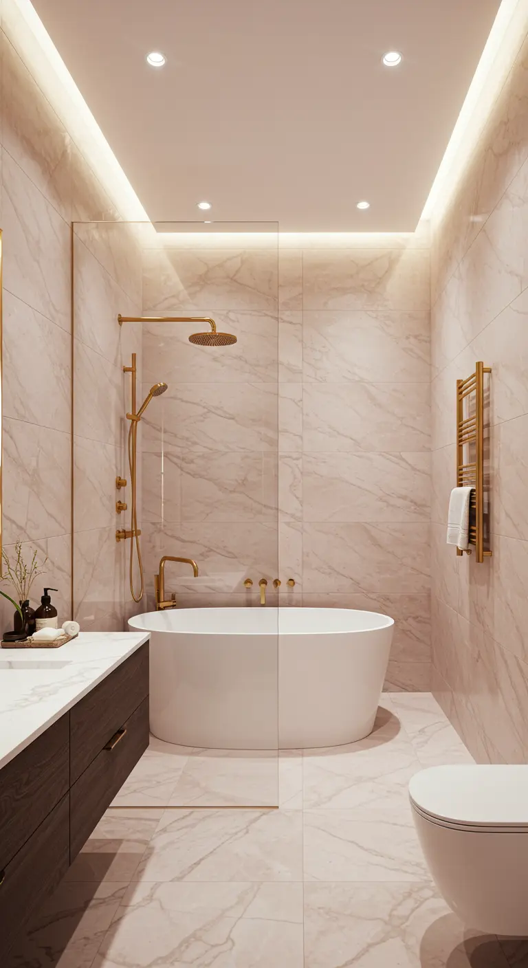 Luxe badkamer met grote roze-beige marmeren tegels, een vrijstaand bad en indirecte verlichting.
