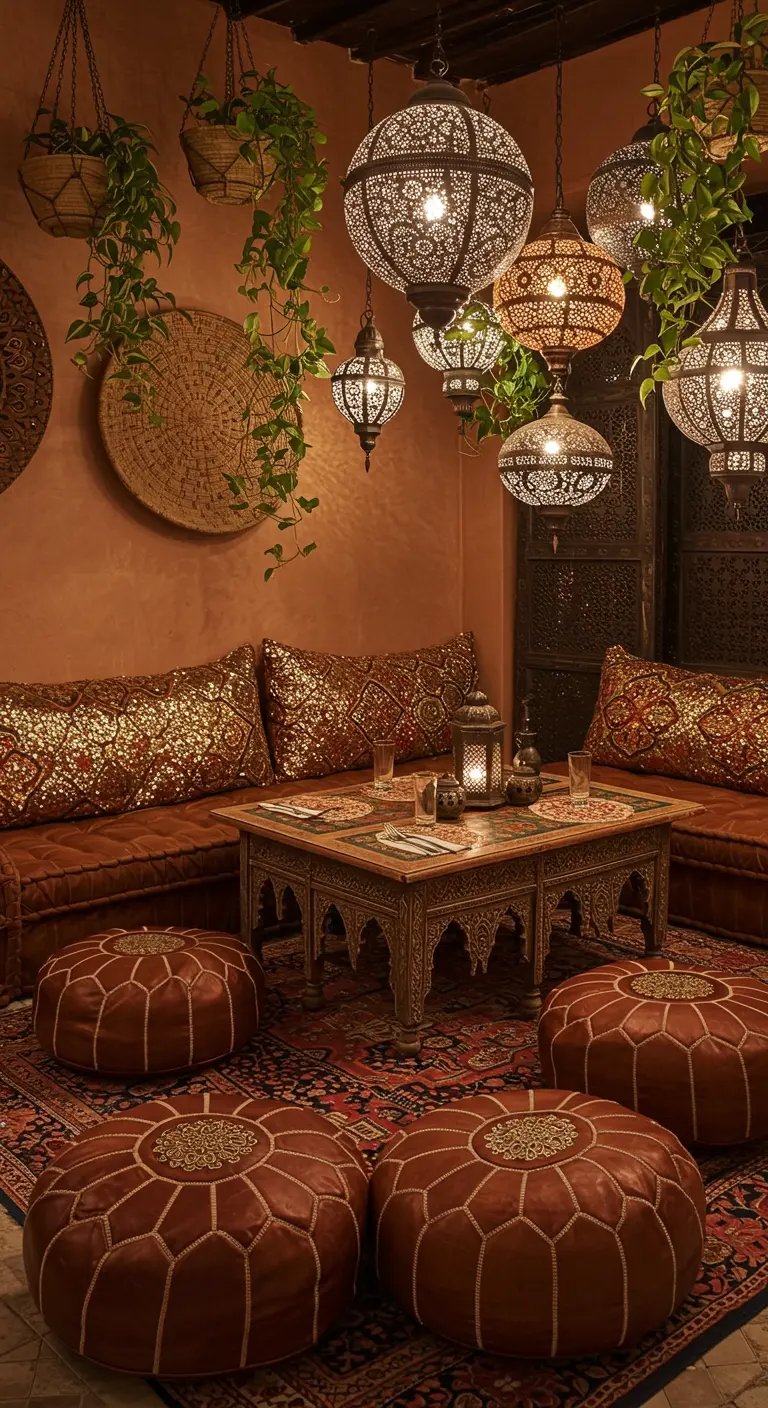 Luxe Marokkaanse zithoek met lage tafel, leren poefs, kussens met gouddraad en sfeerlampen.