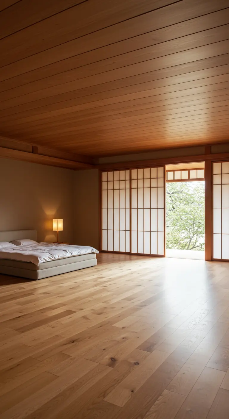 Zeer ruime, lege slaapkamer met houten vloer en plafond, een enkel bed en open shoji-deuren naar buiten.