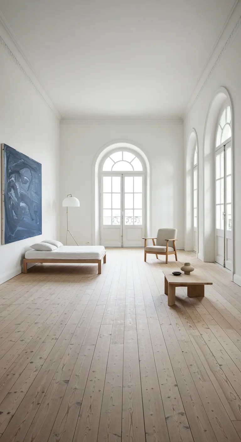 Bijna lege, witte woonkamer met een houten daybed en een lichte houten vloer.