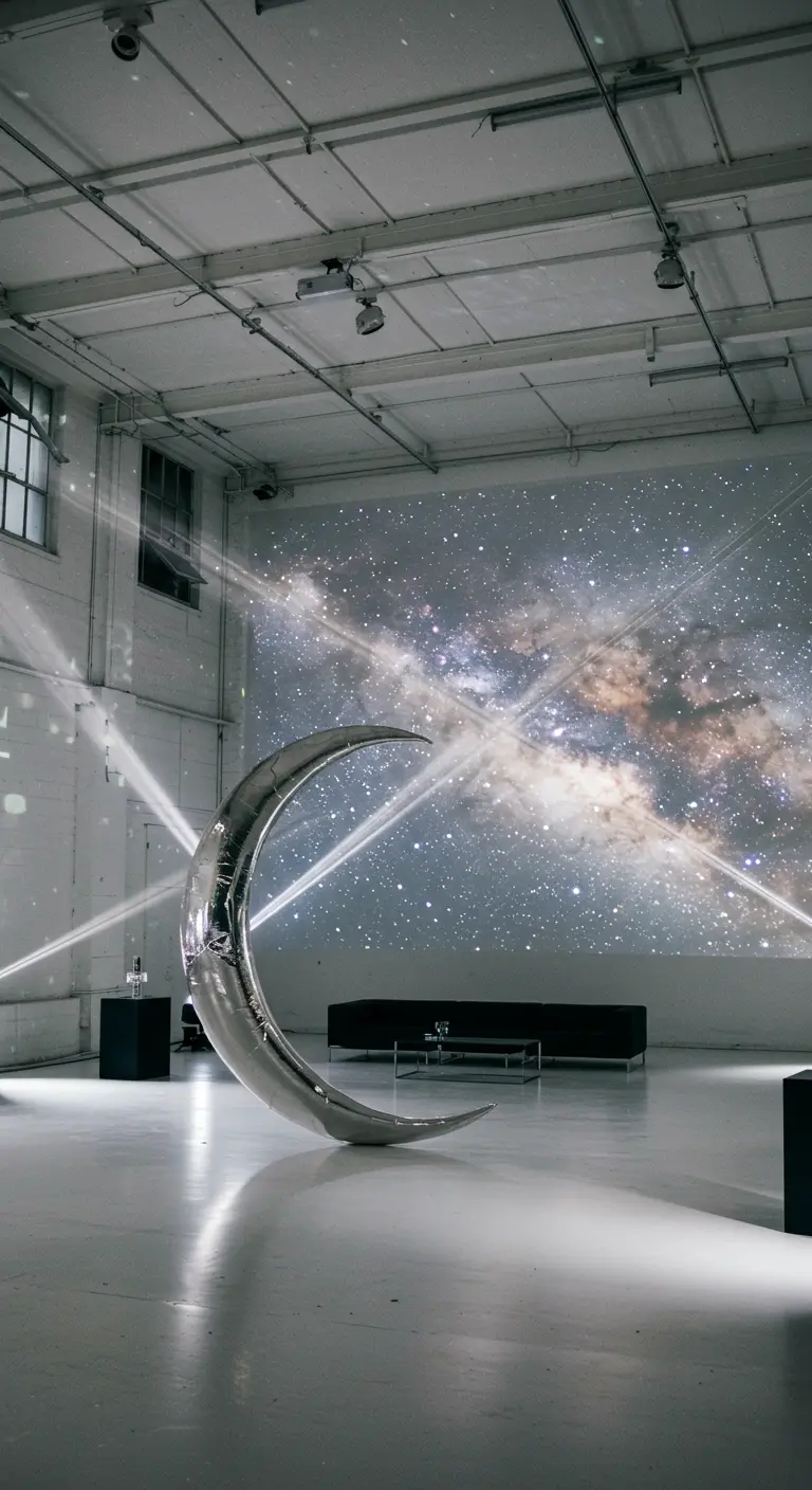 Grote zilveren maan in een witte industriële ruimte met een sterrenprojectie op de muur.