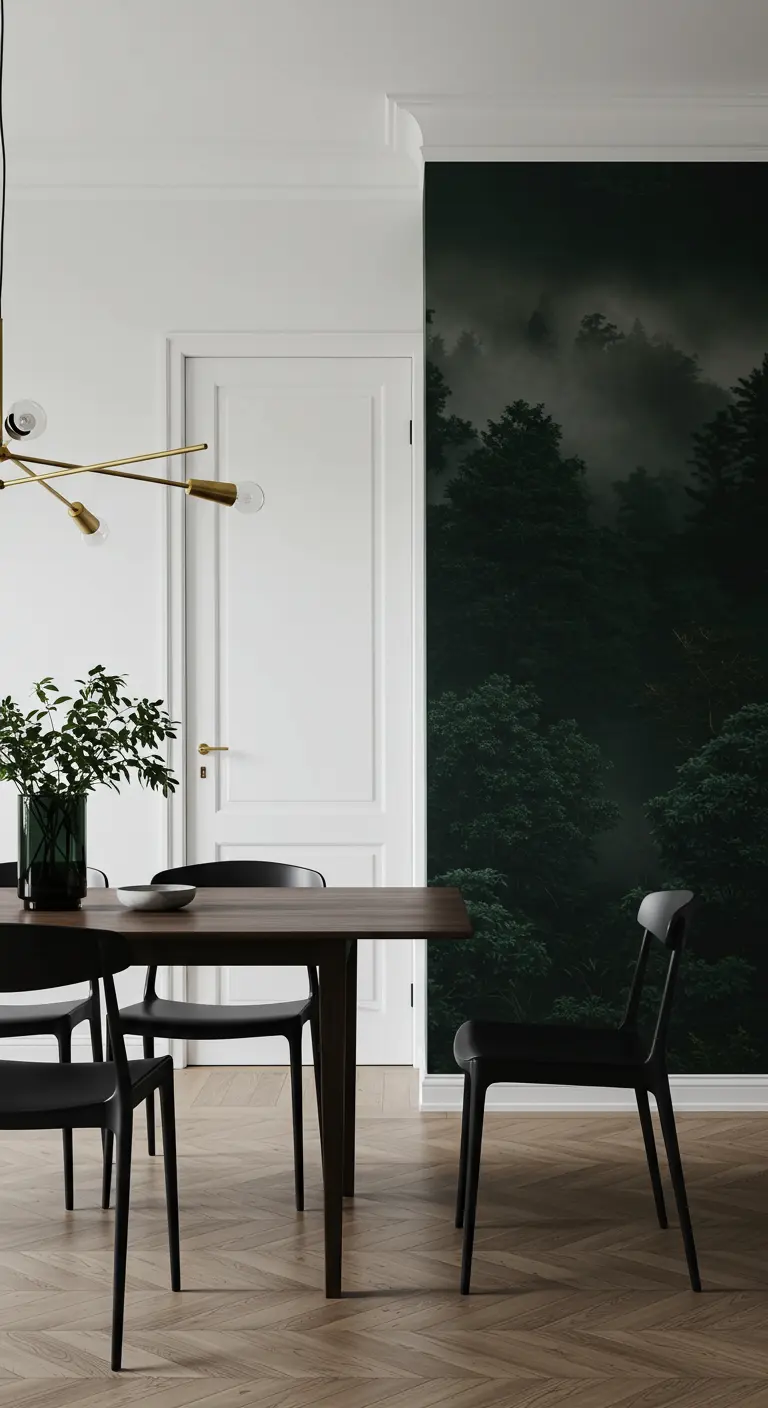 Eetkamer met fotobehang van een donker bos, zwarte stoelen en een moderne gouden lamp.