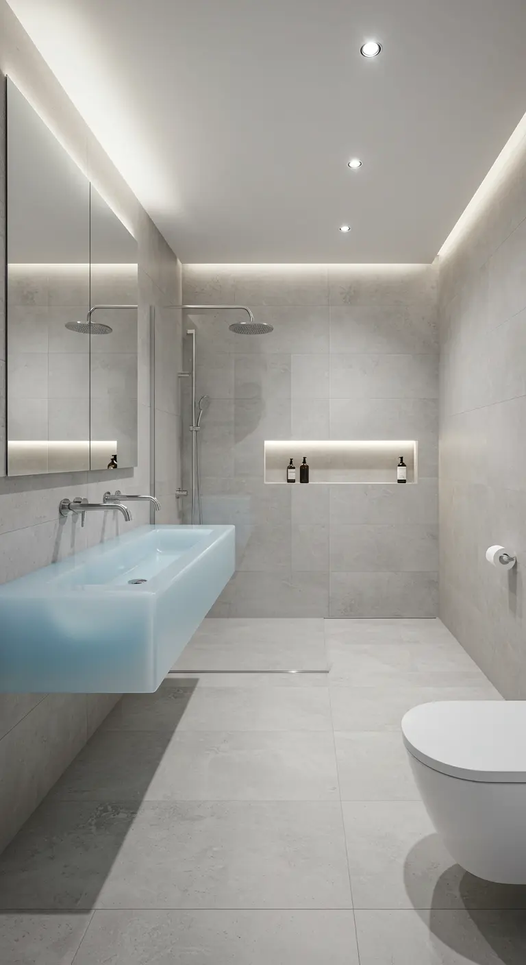 Moderne, minimalistische badkamer met een zwevende, lichtblauwe doorschijnende wastafel.