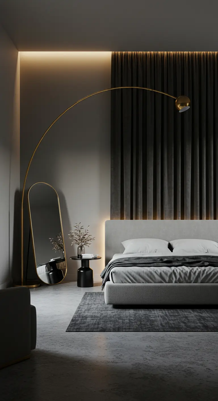 Moderne grijze slaapkamer met een gouden booglamp en donkergrijze fluwelen gordijnen.