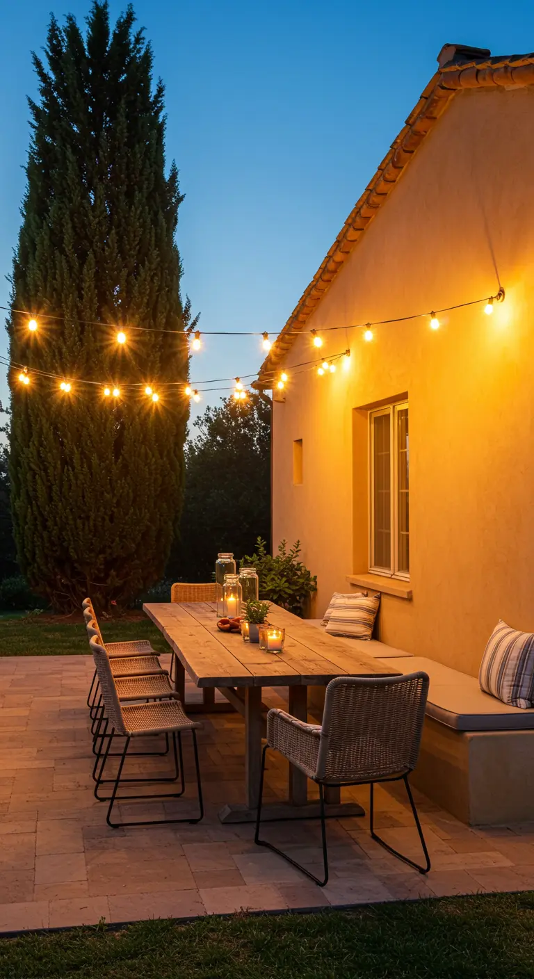 Terras met lange houten eettafel en lichtslingers voor een gezellige avondsfeer.