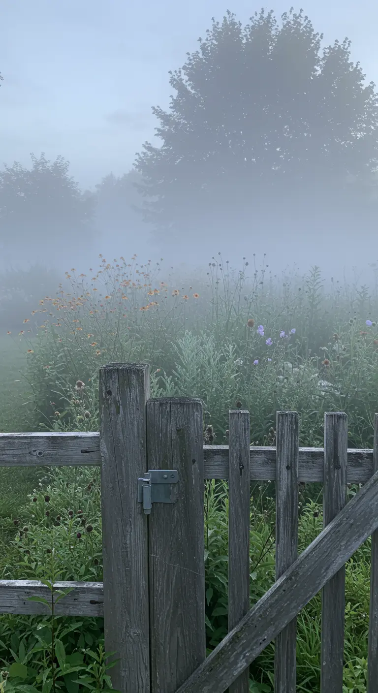 Verweerd houten hek in een wilde bloementuin op een zeer mistige ochtend, waardoor een mysterieuze sfeer ontstaat.