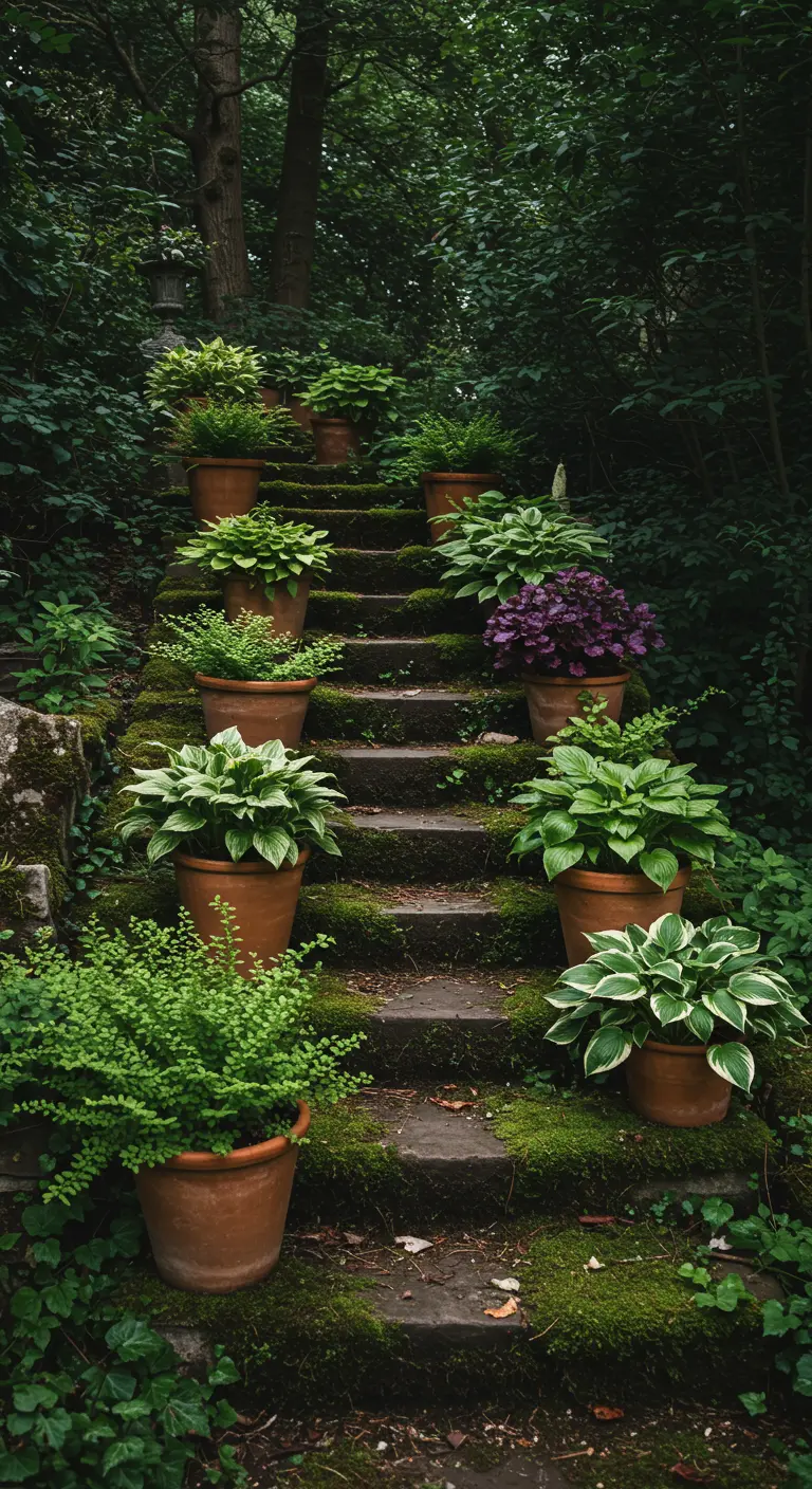 Oude, met mos begroeide stenen trap in een bosrijke tuin, vol met Hosta's in terracotta potten.