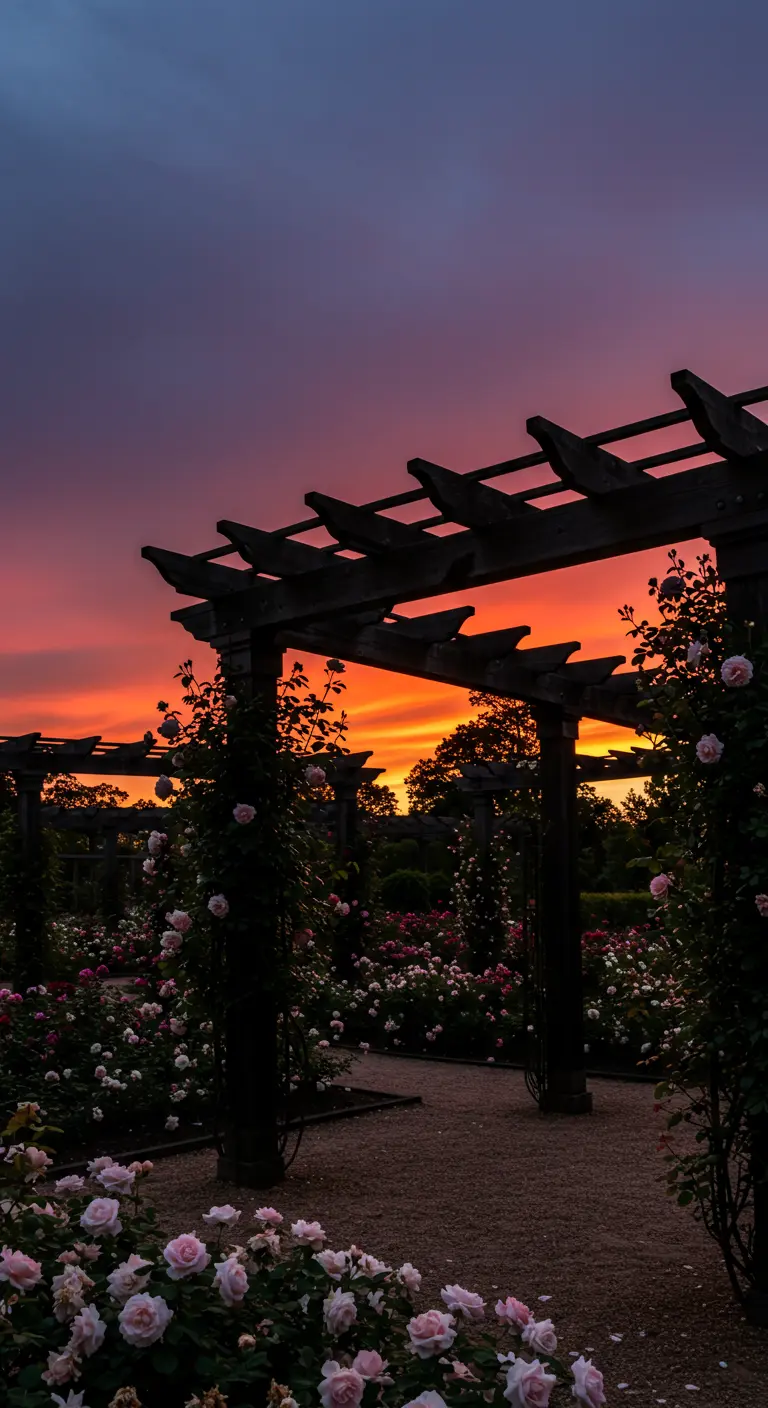 Silhouet van een pergola met rozen tegen een spectaculaire oranje en paarse zonsondergang.