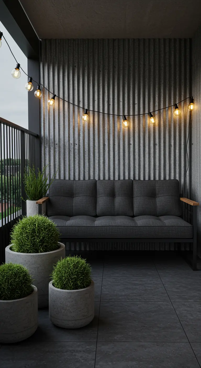 Balkon met een achterwand van golfplaat, een donkere bank en een lichtsnoer.