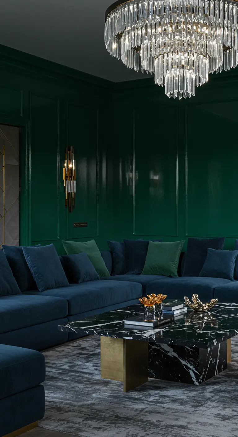 Luxe woonkamer met hoogglans groene muren, een blauwe fluwelen bank en een zwart marmeren salontafel.