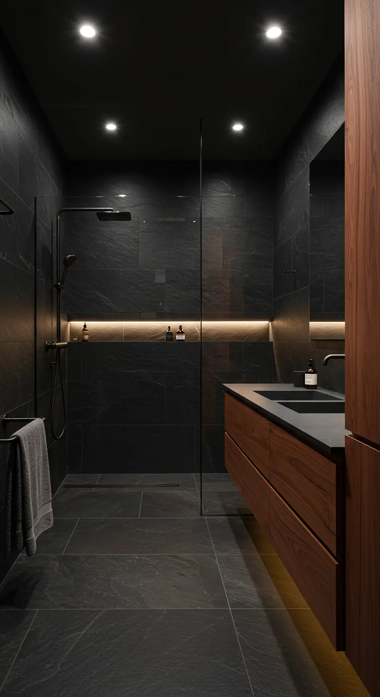 Donkere badkamer met leistenen tegels en een verlichte nis in de douche.