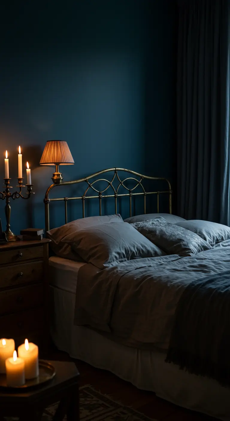 Romantische donkerblauwe slaapkamer met een messing bed en veel brandende kaarsen voor sfeer.