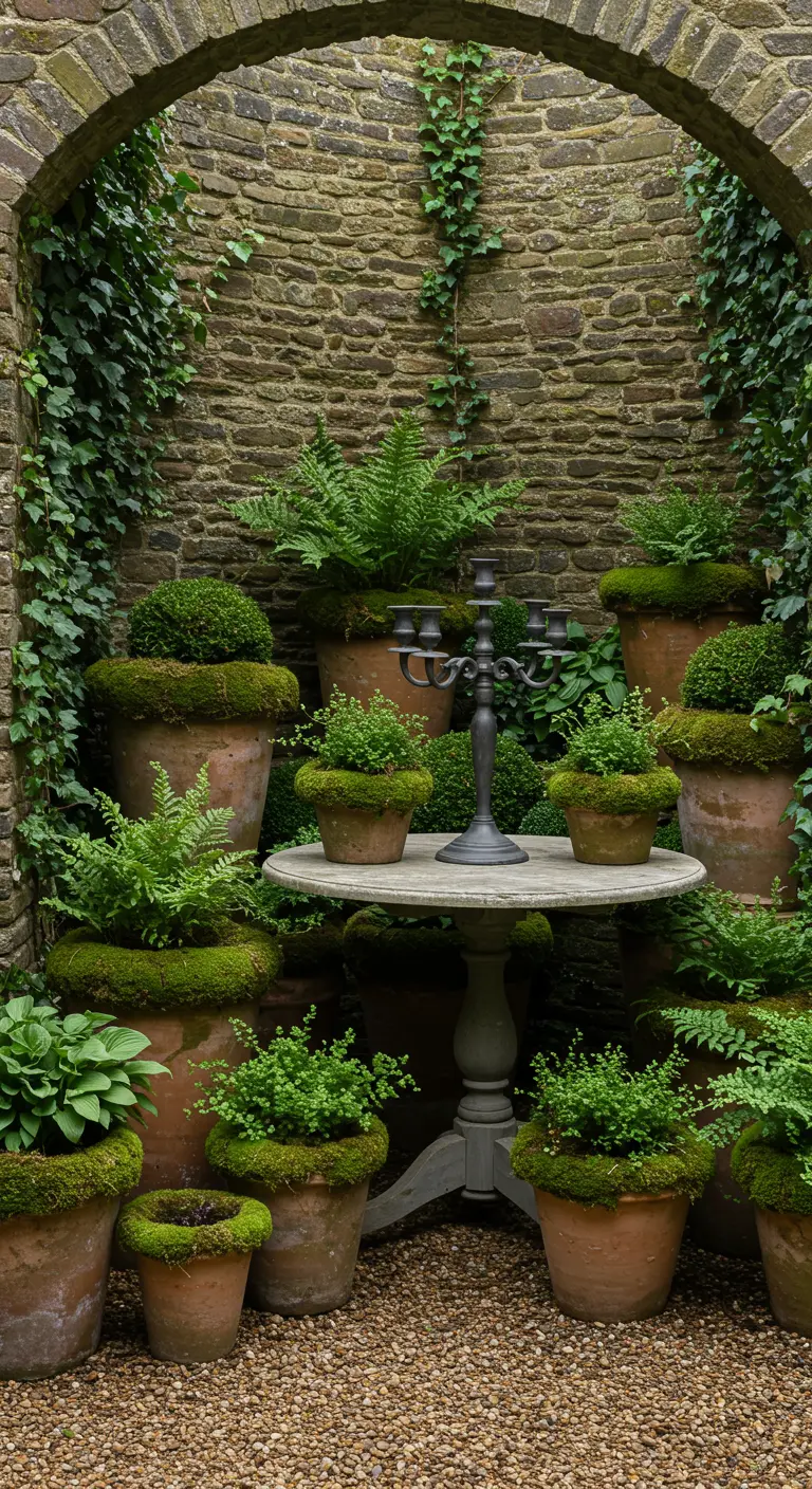 Tuinhoek met mosbegroeide terracotta potten, een stenen tafel en een donkere kandelaar.