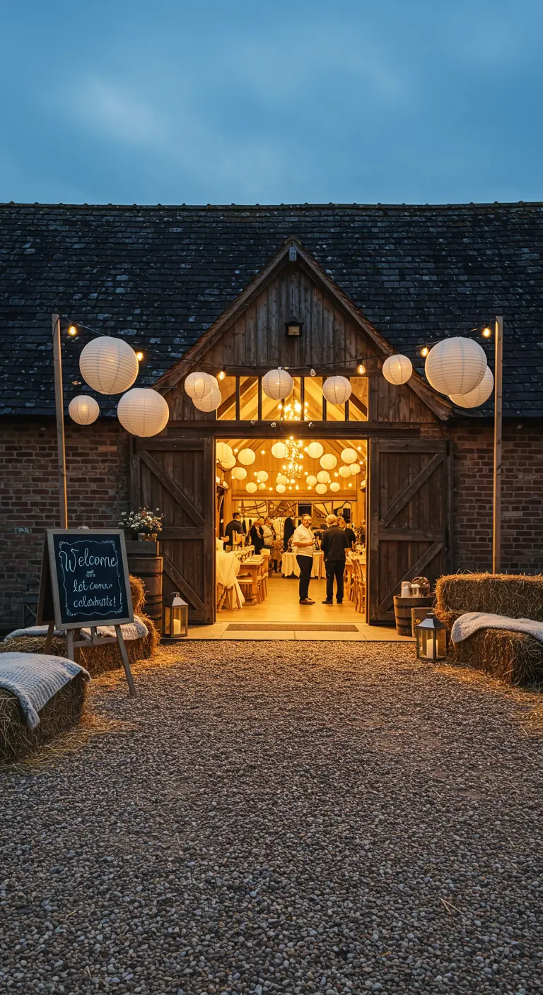 Verlichte ingang van een schuurfeest met lampionnen en hooibalen.