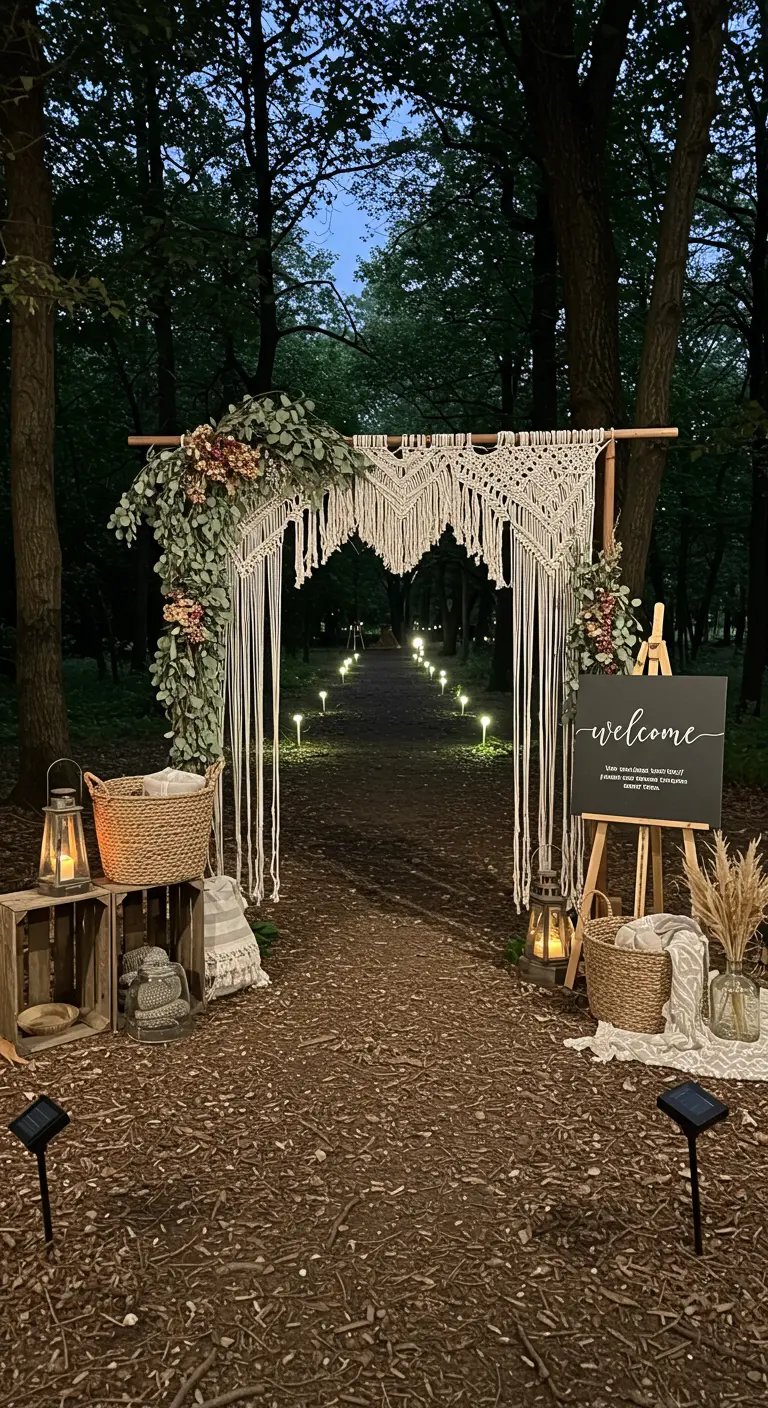 Macramé poort met eucalyptus en lantaarns bij de ingang van een verlicht bospad.