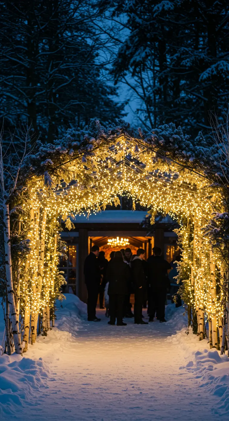 Houten boog in een besneeuwd landschap, volledig bedekt met warme sprookjesverlichting.