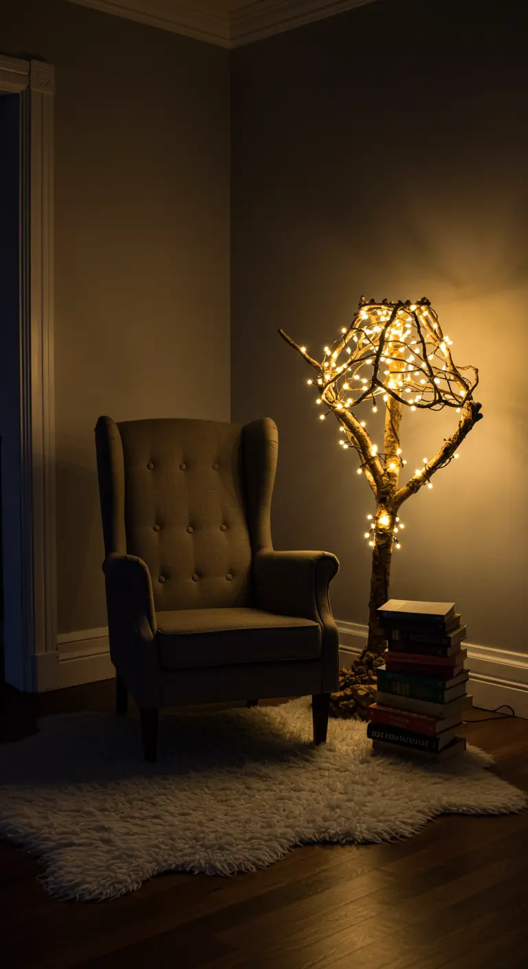 Fauteuil naast een zelfgemaakte lamp van een tak met sprookjesverlichting.