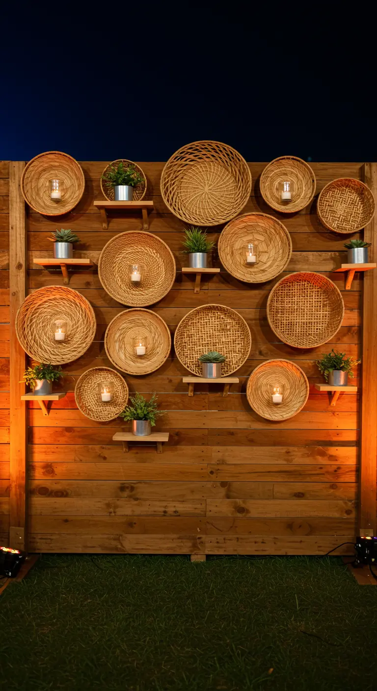 Houten wand gedecoreerd met een verzameling van geweven manden, kleine plantjes en kaarsen.