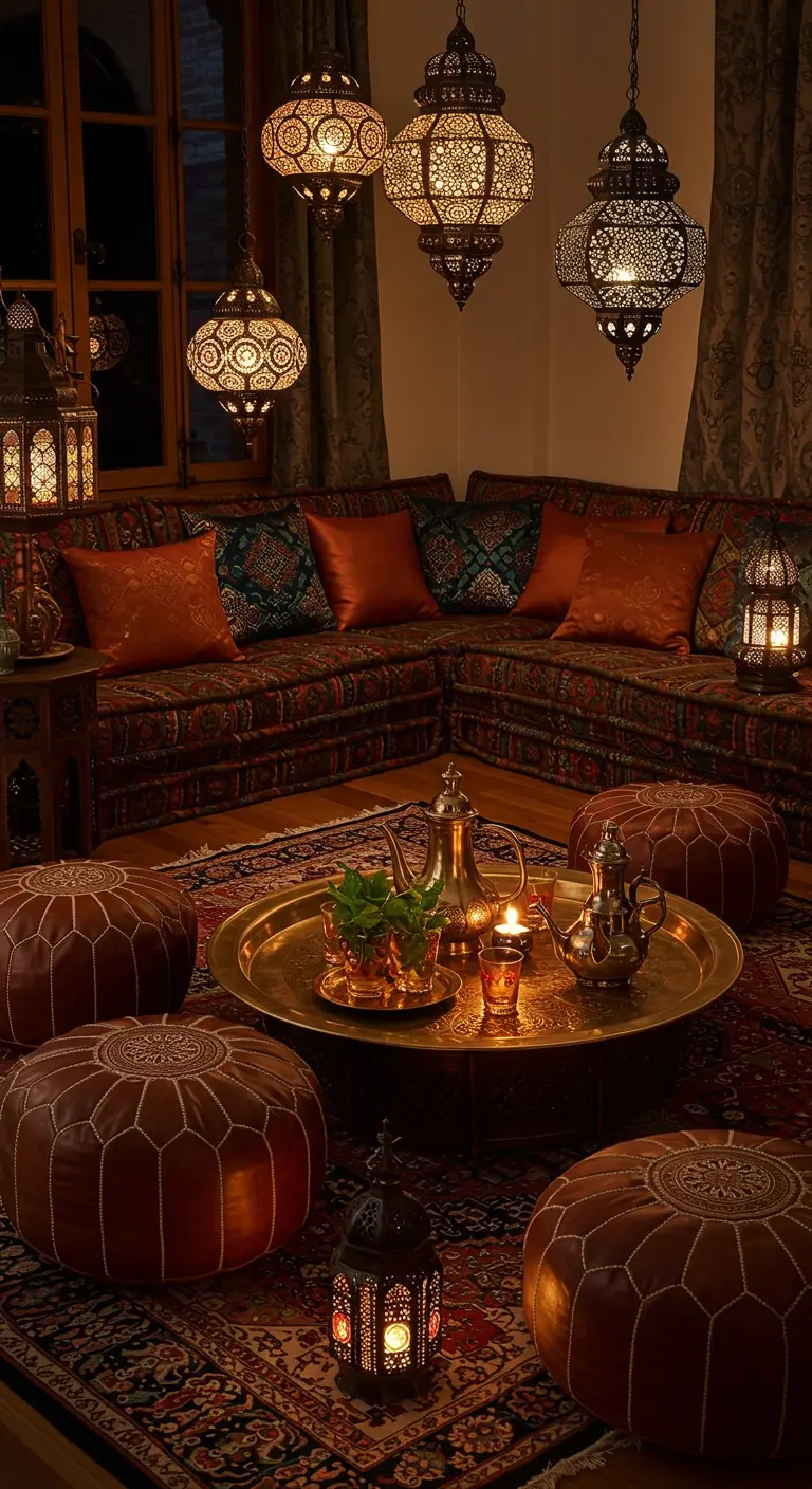 Sfeervolle lounge in Marokkaanse stijl met lantaarns, lage banken en leren poefs.