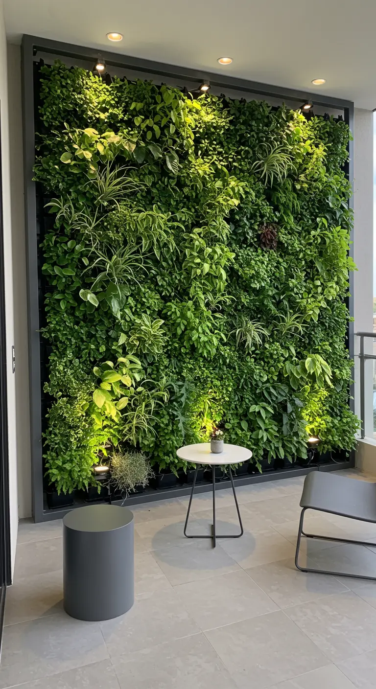 Groot balkon met een enorme verticale tuinmuur van groene planten en een kleine zithoek.
