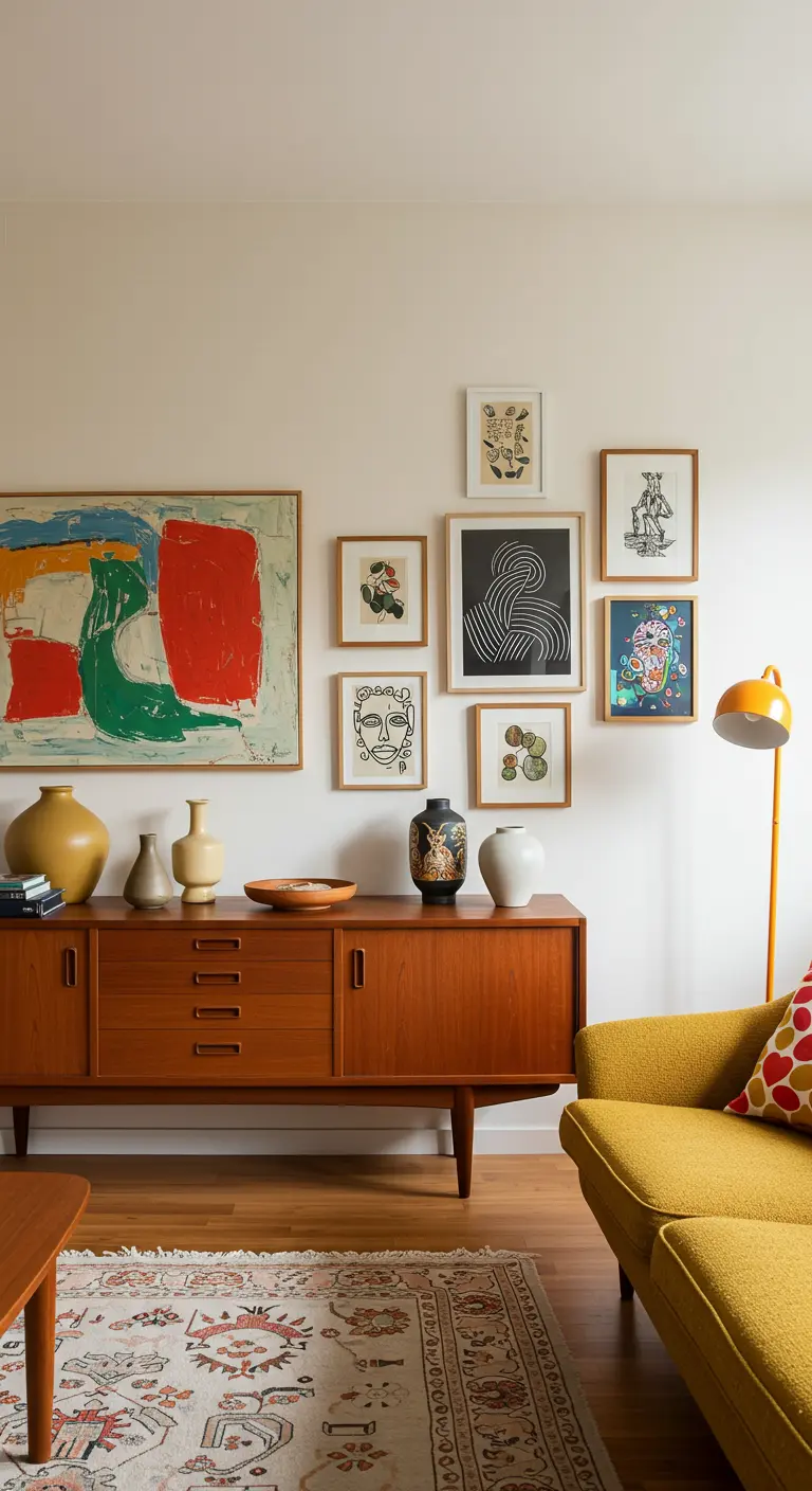 Mid-Century dressoir met een eclectische galerijmuur erboven in een lichte woonkamer.