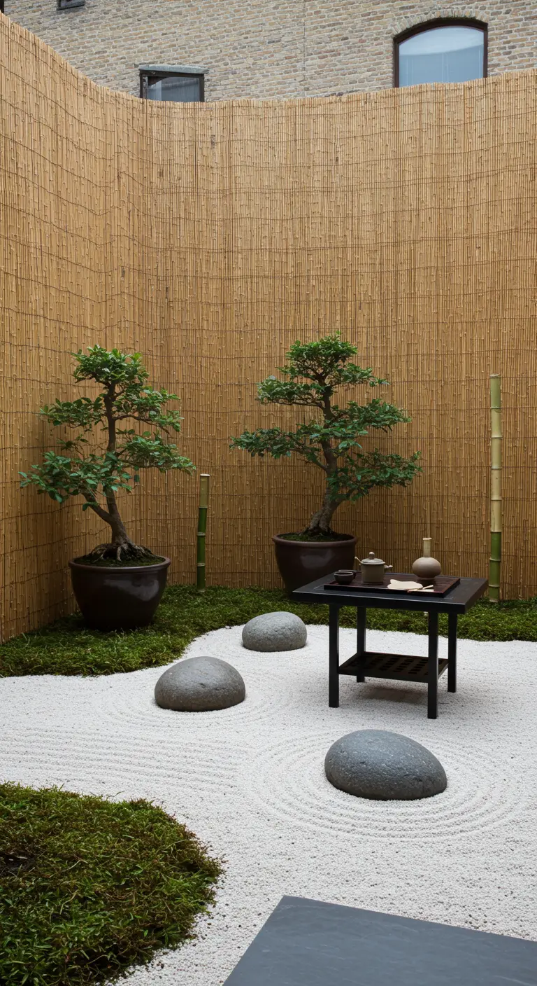 Kleine binnenplaats ingericht als Japanse zentuin met zand, stenen en bonsaibomen.