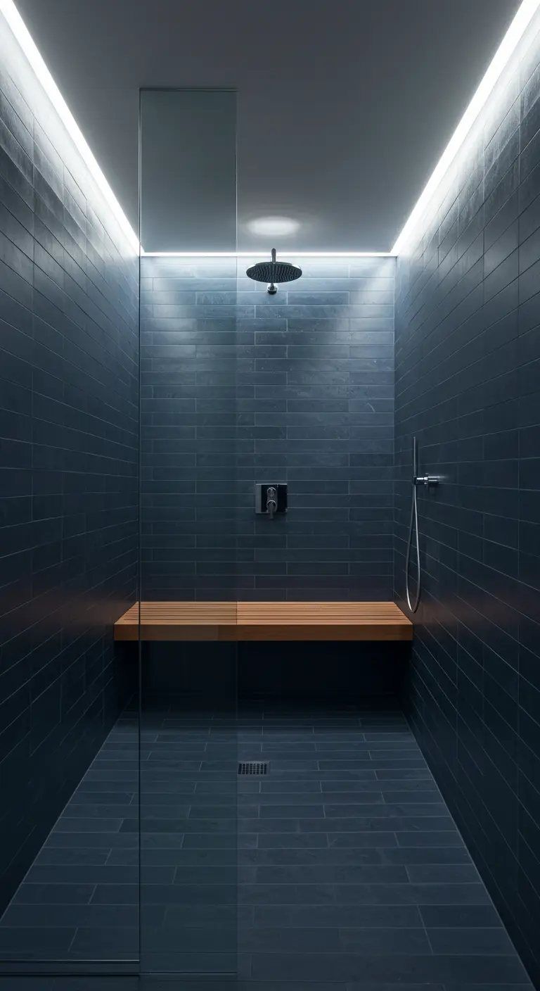 Minimalistische donkerblauwe doucheruimte met indirecte verlichting en een houten bankje.