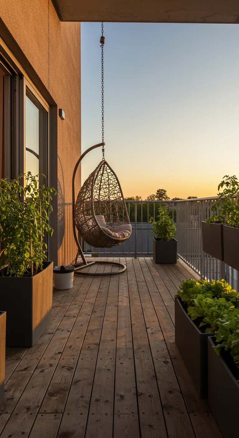 Rotan hangstoel op een houten balkon met moderne plantenbakken vol groen.