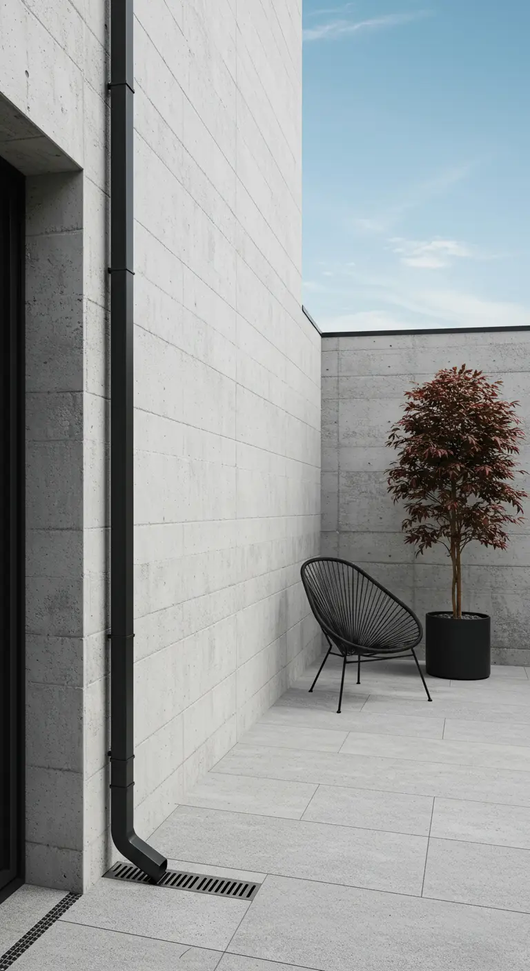 Strakke zwarte regenpijp tegen een lichte betonnen muur in een minimalistische patio.