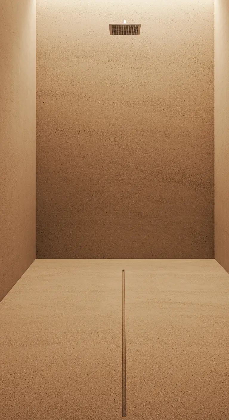 Extreem minimalistische badkamer in zandkleur met naadloze muren en vloer.
