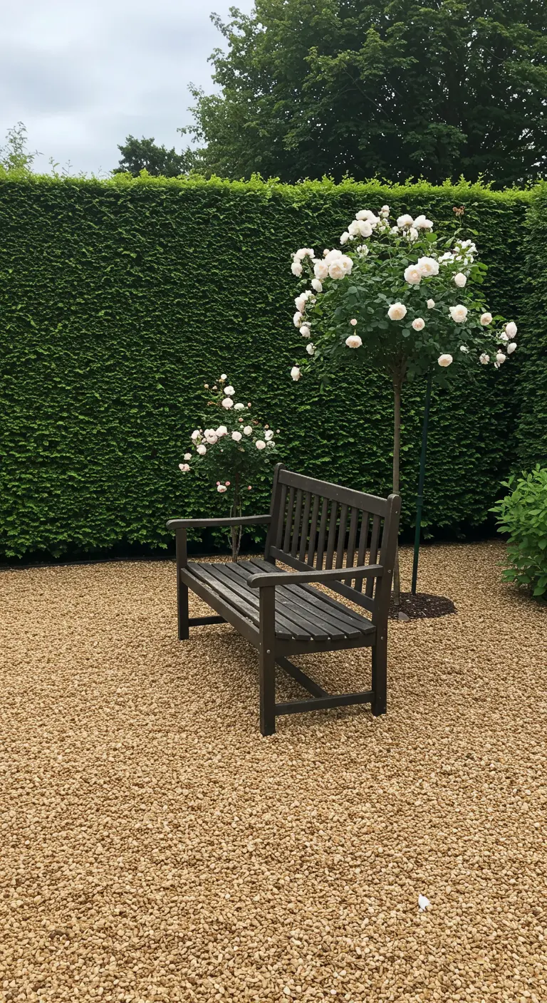 Donkerhouten tuinbank op een grindterras naast een witte rozenboom op stam, voor een hoge groene haag.