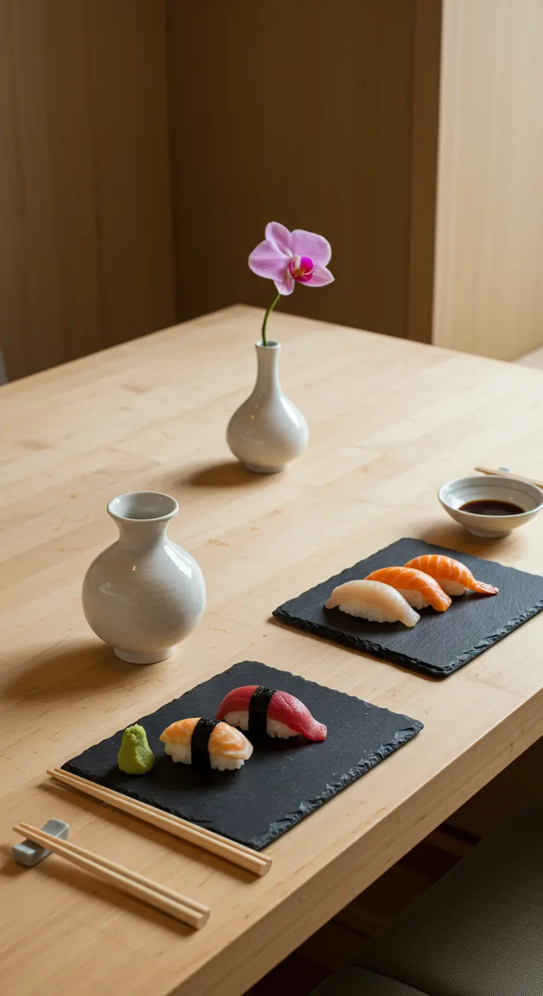 Minimalistisch gedekte tafel met sushi op leistenen plankjes en een enkele orchidee.