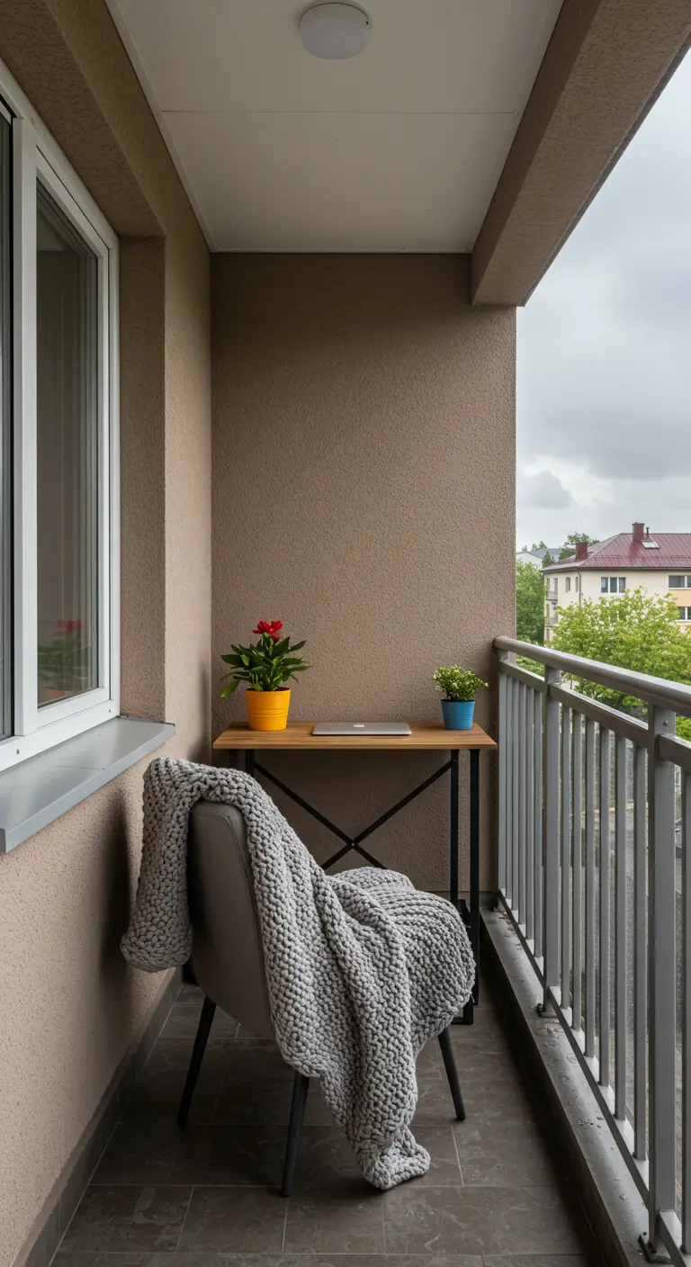 Smal balkon ingericht als werkplek met een bureau, stoel en een groot grijs gebreid plaid.