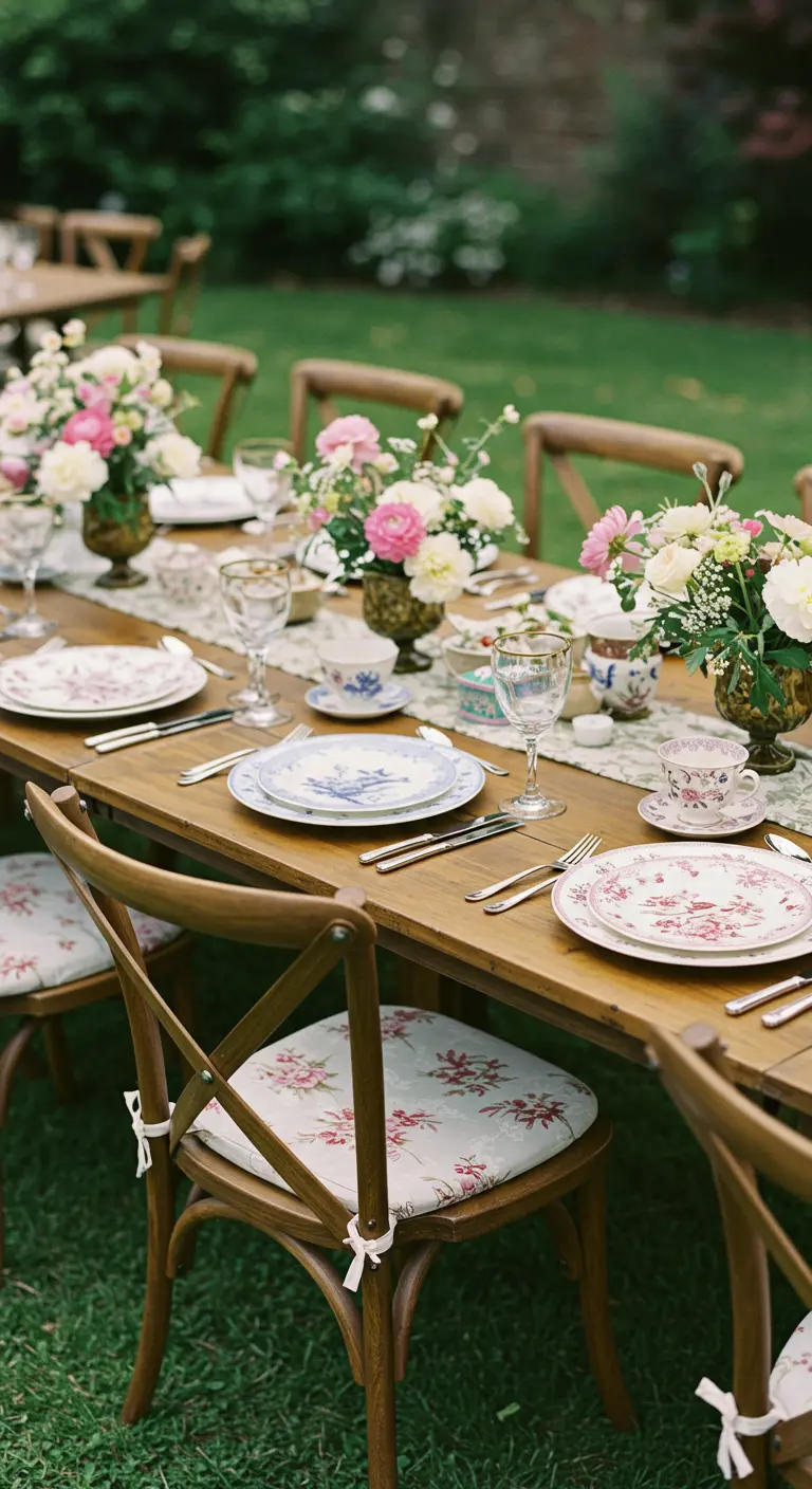 Tafelsetting met gemixt vintage servies met verschillende bloemenpatronen op een houten tafel.