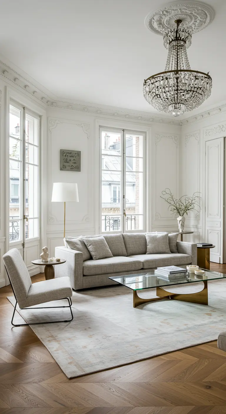 Lichte, hoge woonkamer met klassieke details en een moderne grijze bank